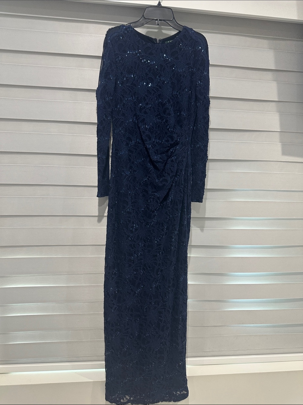 Lauren Ralph Lauren Navy Long-Sleeve Lace Sequin Gown